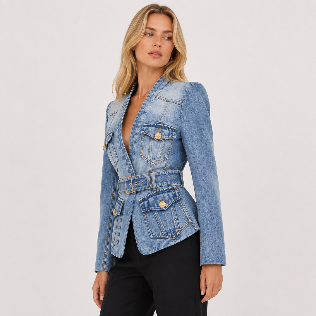 Women's Belted Denim Peplum Jacket - Cinched Waist Jean Blazer