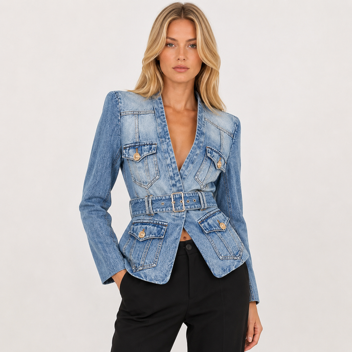 Women's Belted Denim Peplum Jacket - Cinched Waist Jean Blazer
