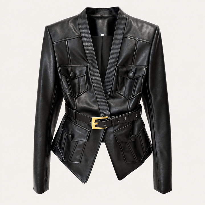 Women's Belted Peplum Faux Leather Moto Biker Jacket