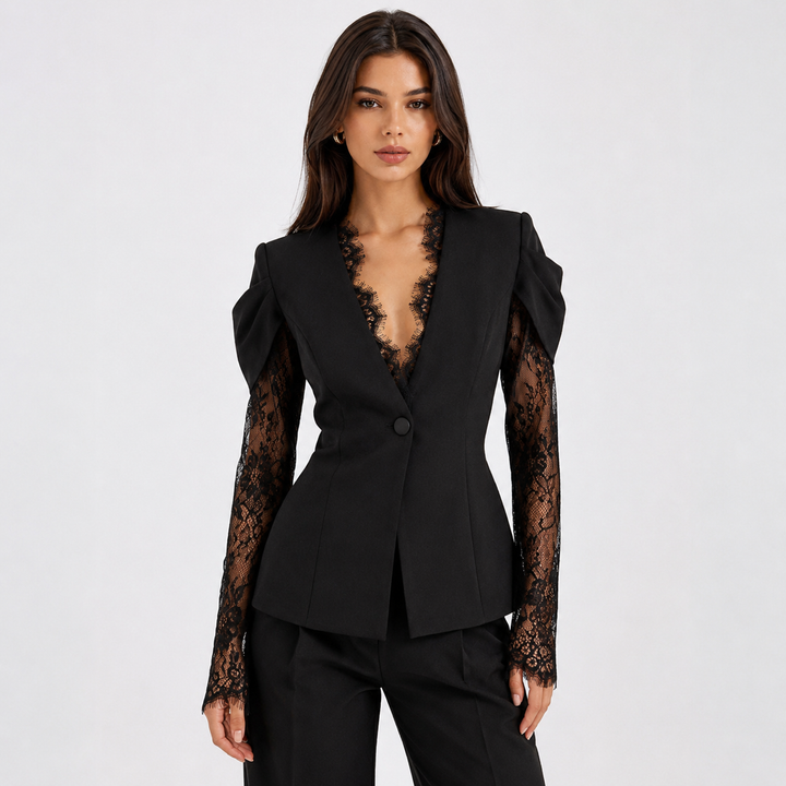 Women's Sheer Lace Sleeve Blazer - Fitted Black V-Neck Jacket