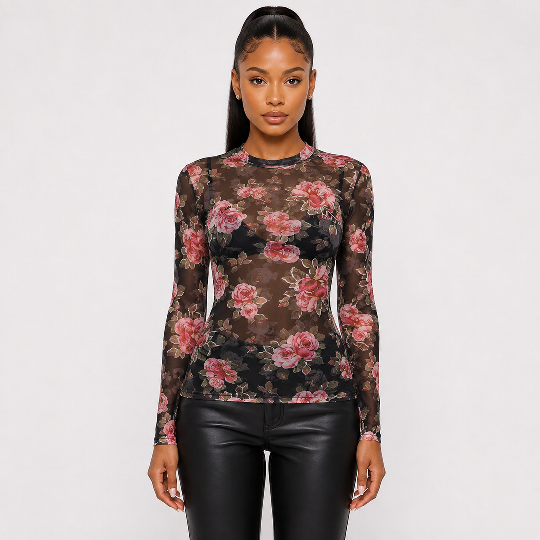 Thorn | Sheer Floral Mesh Long Sleeve Top