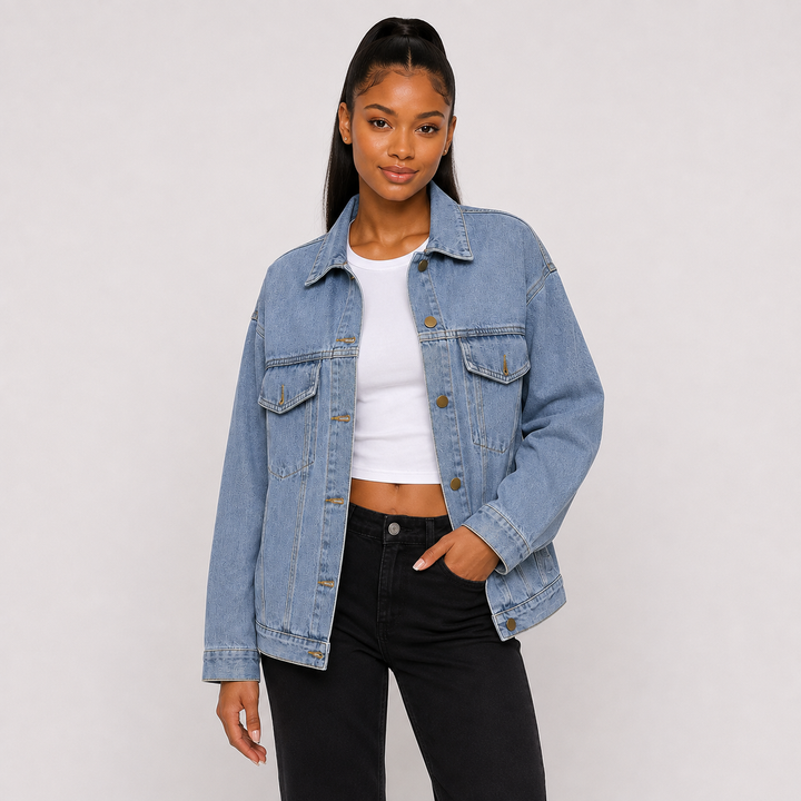 Women's Oversized Denim Jacket - Light Blue Wash Jean Coat