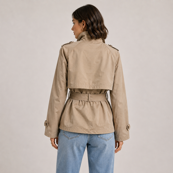Women's High-Neck Belted Trench Coat - Elegant Short Jacket