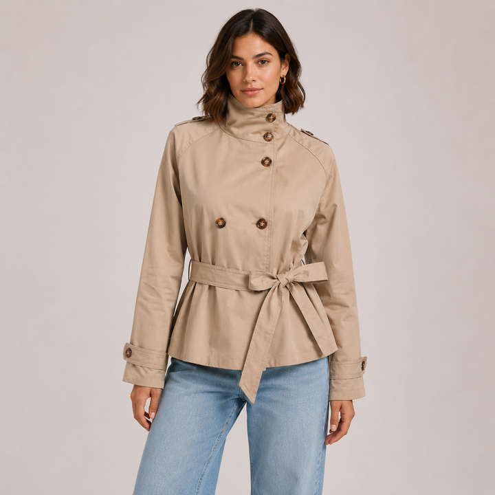 Women's High-Neck Belted Trench Coat - Elegant Short Jacket