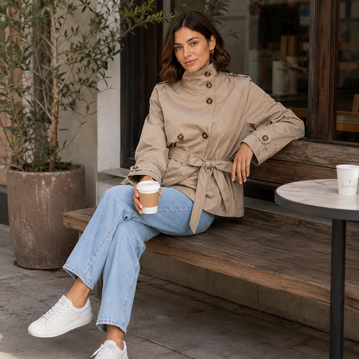 Women's High-Neck Belted Trench Coat - Elegant Short Jacket