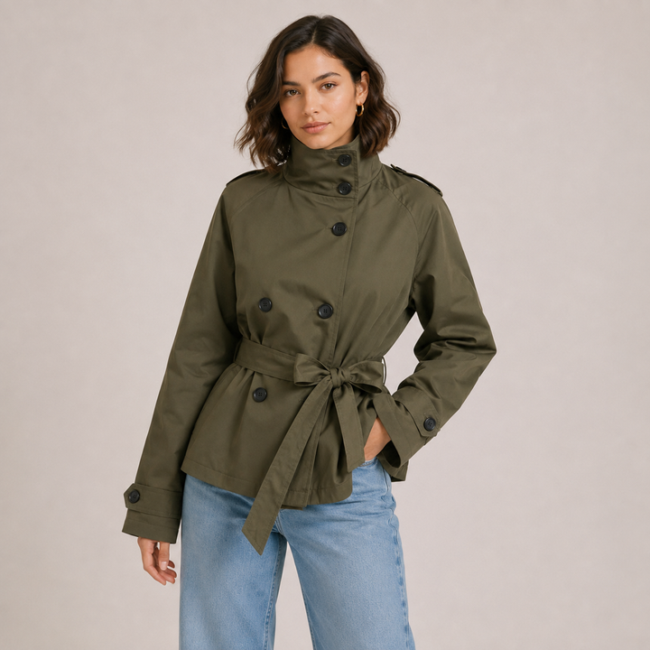 Women's High-Neck Belted Trench Coat - Elegant Short Jacket