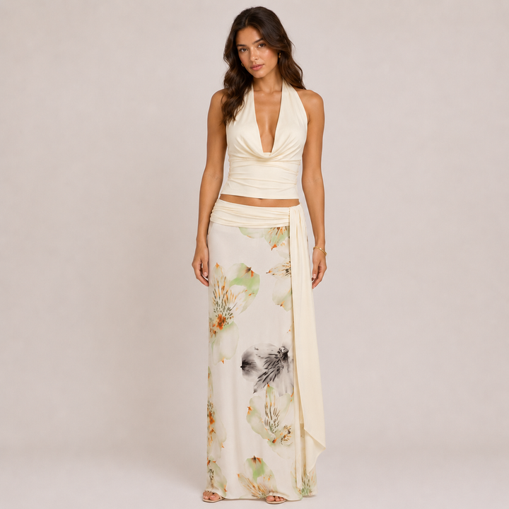 Soar | Light Yellow Halter Crop Top & Wrap Maxi Skirt Set