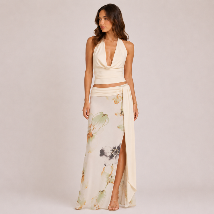 Soar | Light Yellow Halter Crop Top & Wrap Maxi Skirt Set