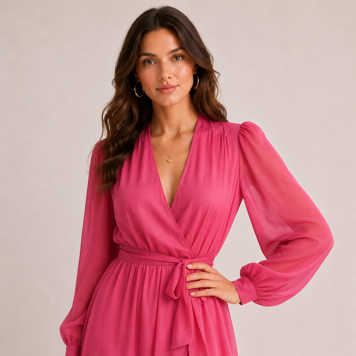 A woman wearing a bright pink wrap dress with long sheer puff sleeves and a matching tie belt, posed against a plain light beige studio background.