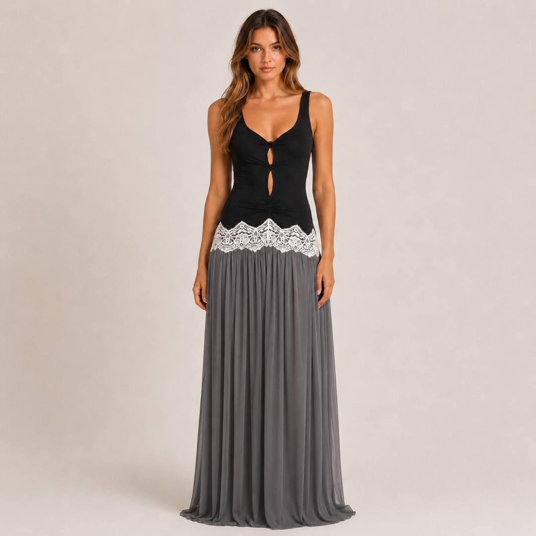 Amour | Black Lace Trim Contrast Maxi Dress