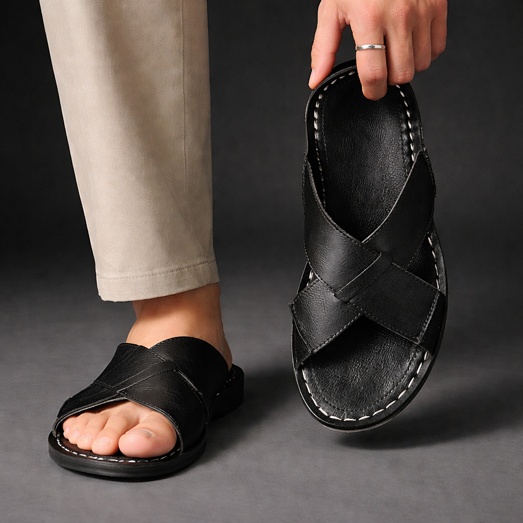Women's Wide Strap Leather Sandals - Casual Open Toe Flat Slides