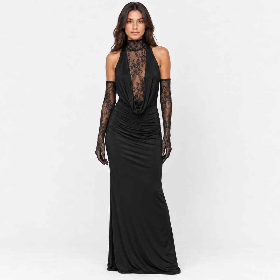 Nocturne | Lace Halter Maxi Dress with Gloves