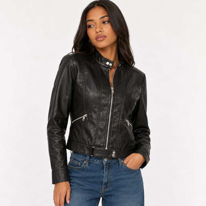 Women's Vegan Leather Crop Moto Jacket - Short Biker Jacket