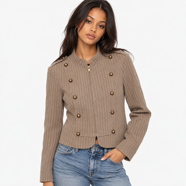 Tale | Brown Pinstripe Military Cropped Jacket