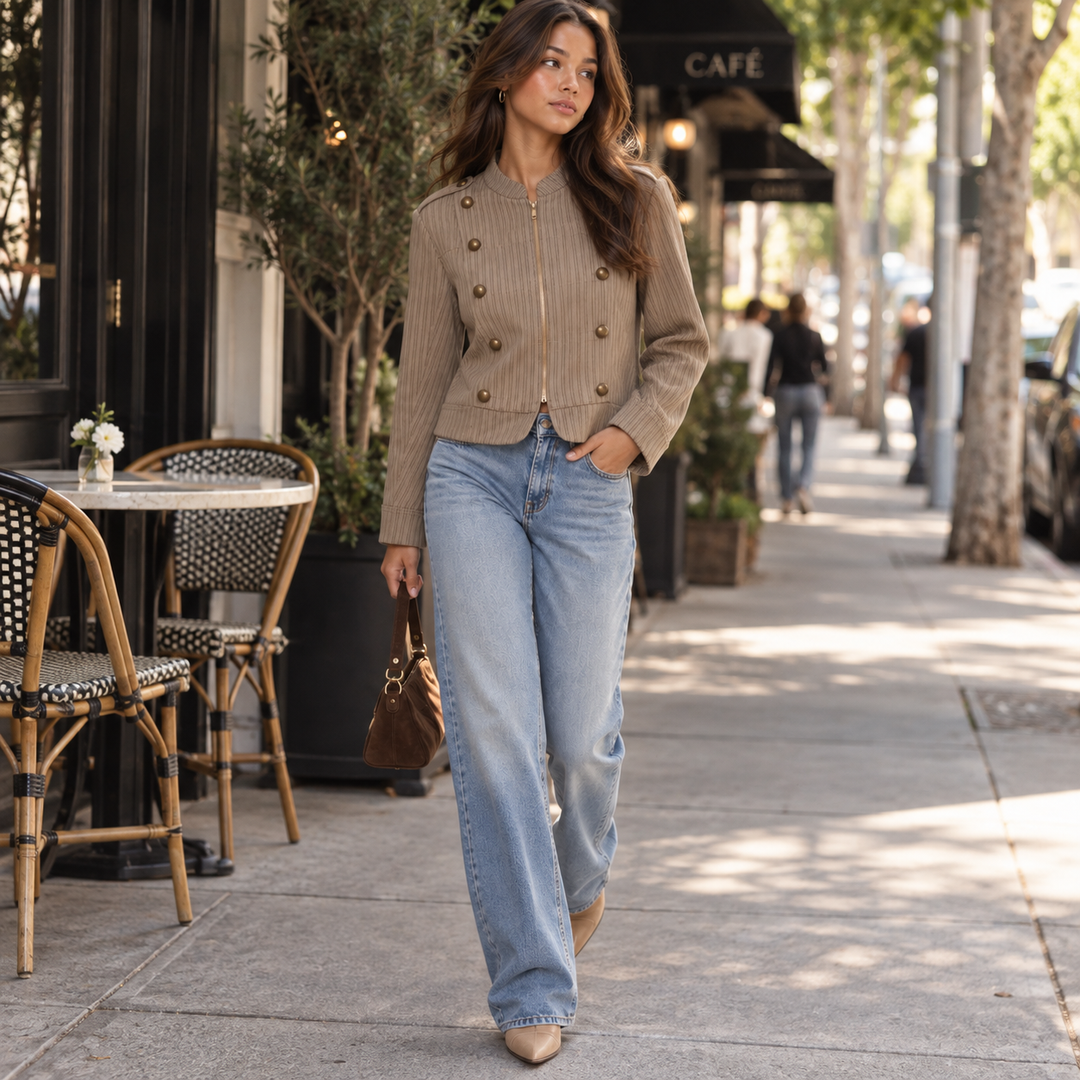 Tale | Brown Pinstripe Military Cropped Jacket