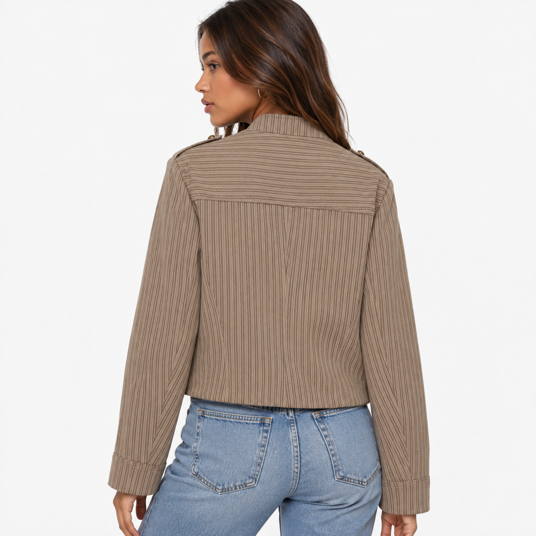 Tale | Brown Pinstripe Military Cropped Jacket