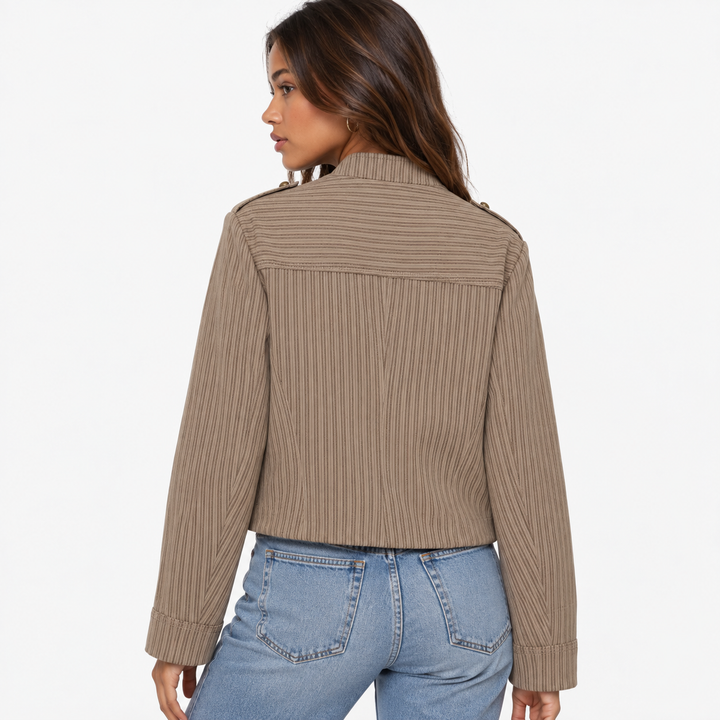 Tale | Brown Pinstripe Military Cropped Jacket