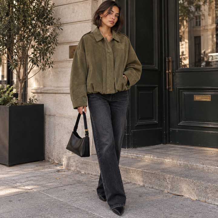 Latch | Faux Suede Oversized Bomber Jacket