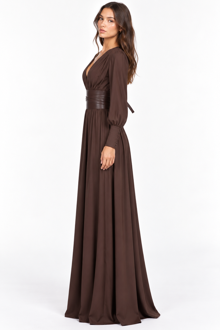 Tie | Chocolate Brown Deep V Balloon Sleeve Belted Maxi Dress