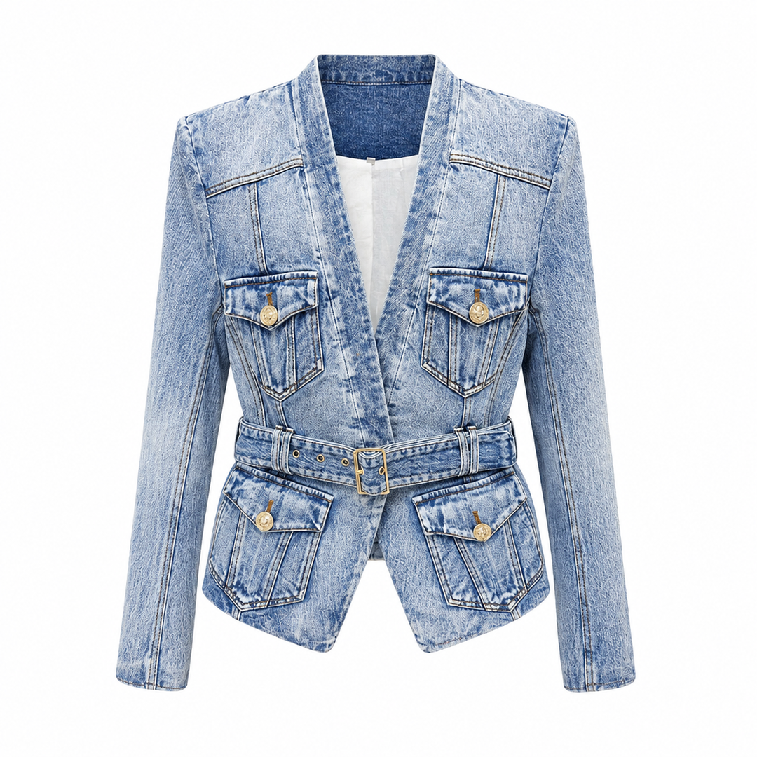 Women's Belted Denim Peplum Jacket - Cinched Waist Jean Blazer