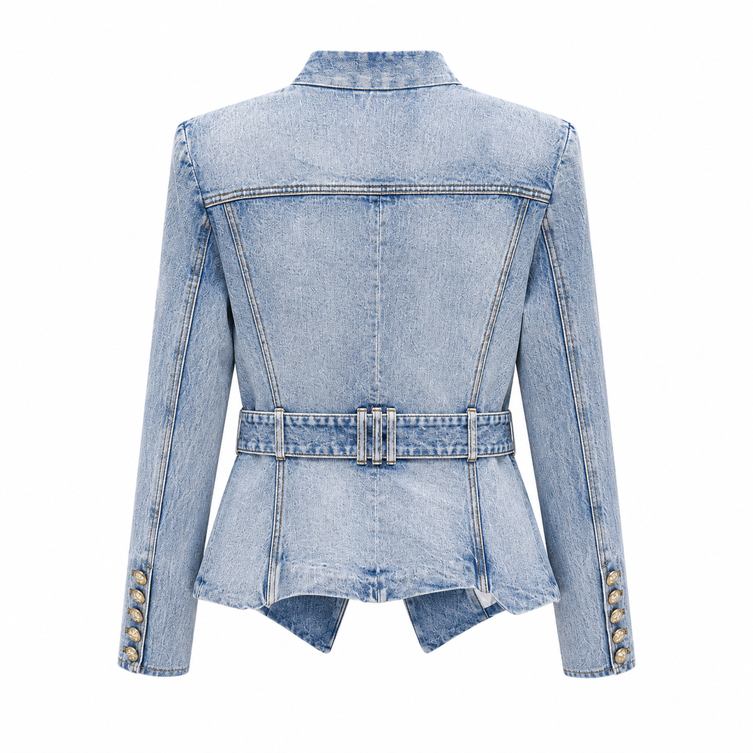 Women's Belted Denim Peplum Jacket - Cinched Waist Jean Blazer