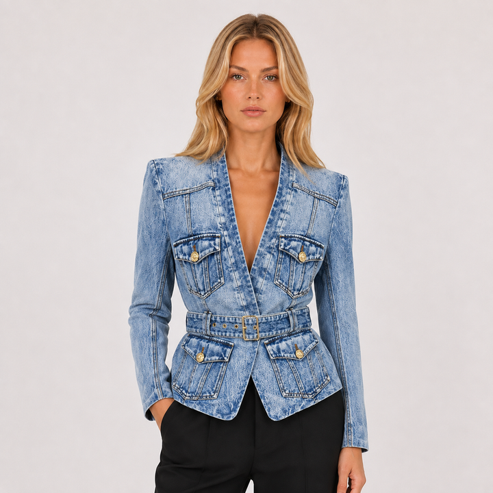 Women's Belted Denim Peplum Jacket - Cinched Waist Jean Blazer