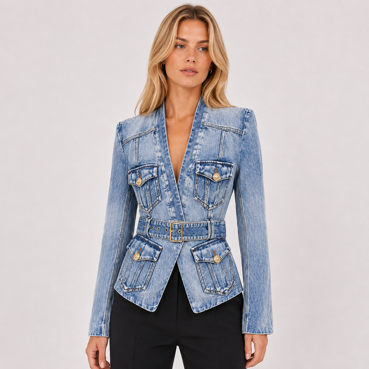 Women's Belted Denim Peplum Jacket - Cinched Waist Jean Blazer