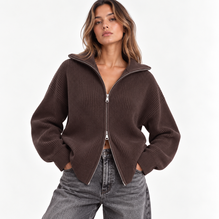 Nest | Chunky Ribbed Knit Funnel Neck Zip Up Cardigan
