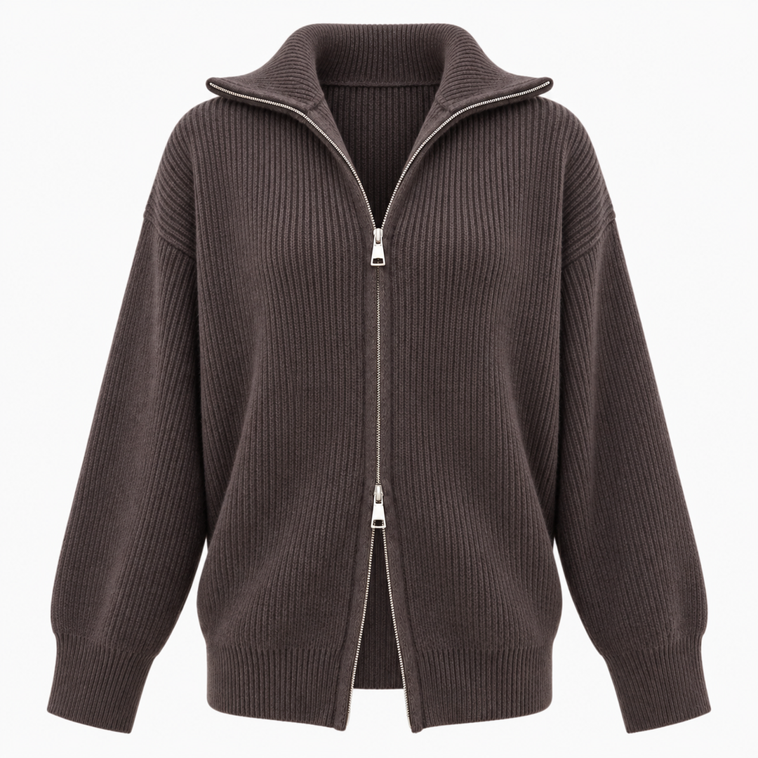 Nest | Chunky Ribbed Knit Funnel Neck Zip Up Cardigan