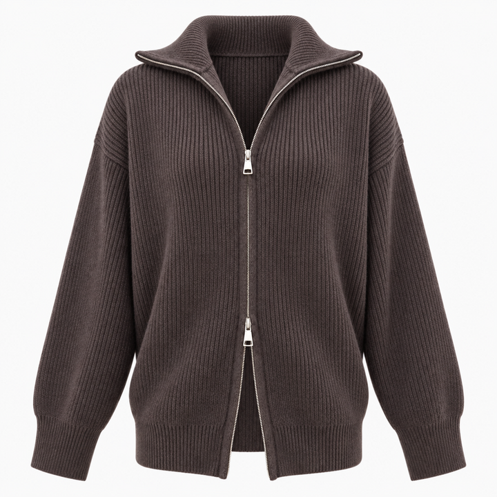 Nest | Chunky Ribbed Knit Funnel Neck Zip Up Cardigan