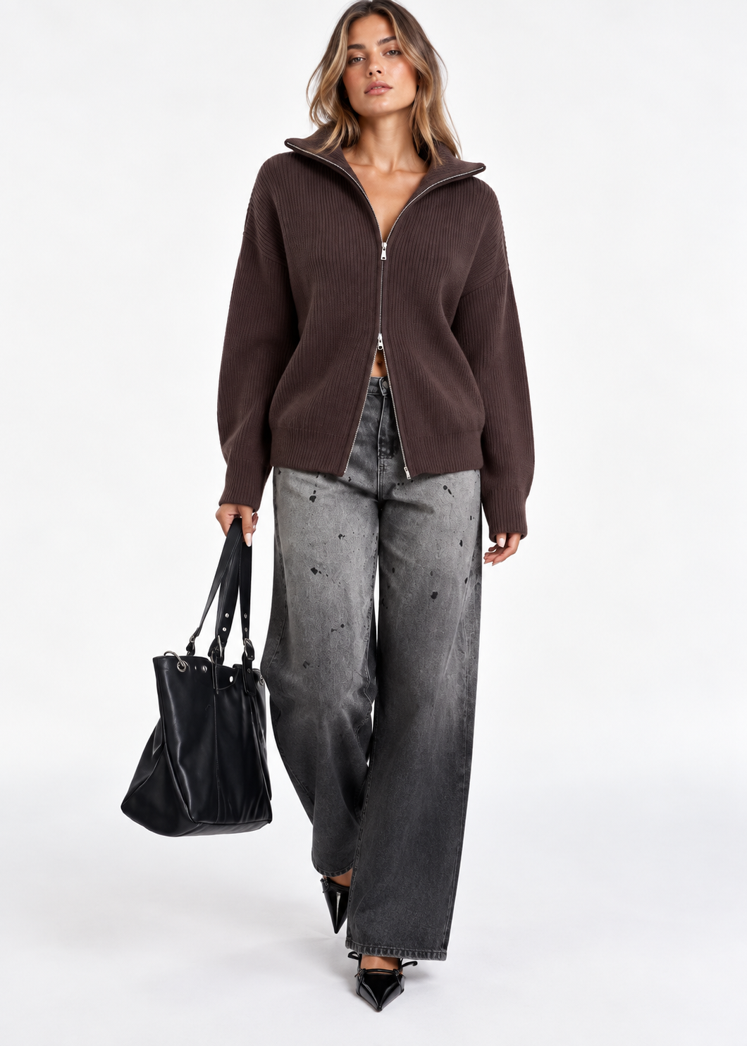 Nest | Chunky Ribbed Knit Funnel Neck Zip Up Cardigan