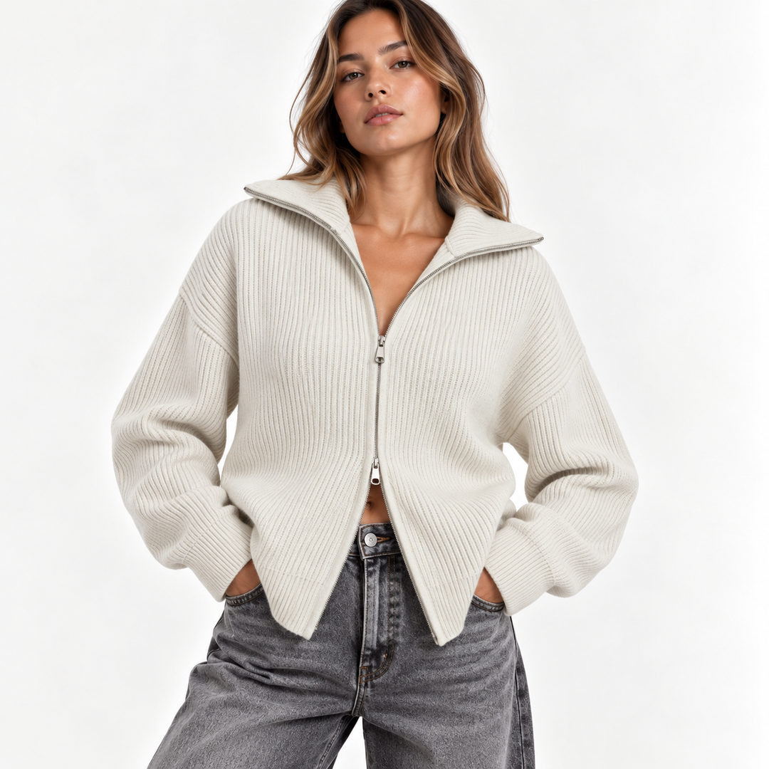 Nest | Chunky Ribbed Knit Funnel Neck Zip Up Cardigan