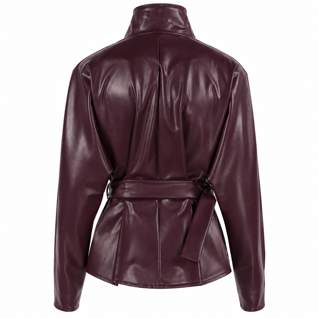 Verge | Faux Leather High Collar Belted Jacket