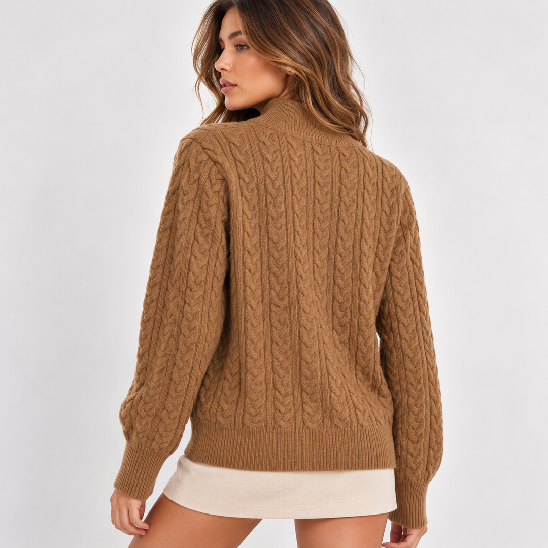 Snug | Camel Cable Knit Button Mock Neck Sweater