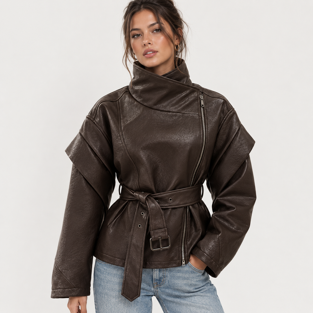 Lift | Faux Leather Belted High Neck Moto Jacket