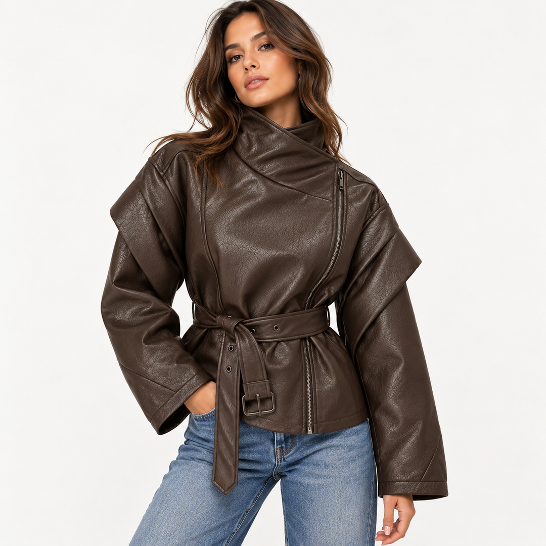 Lift | Faux Leather Belted High Neck Moto Jacket