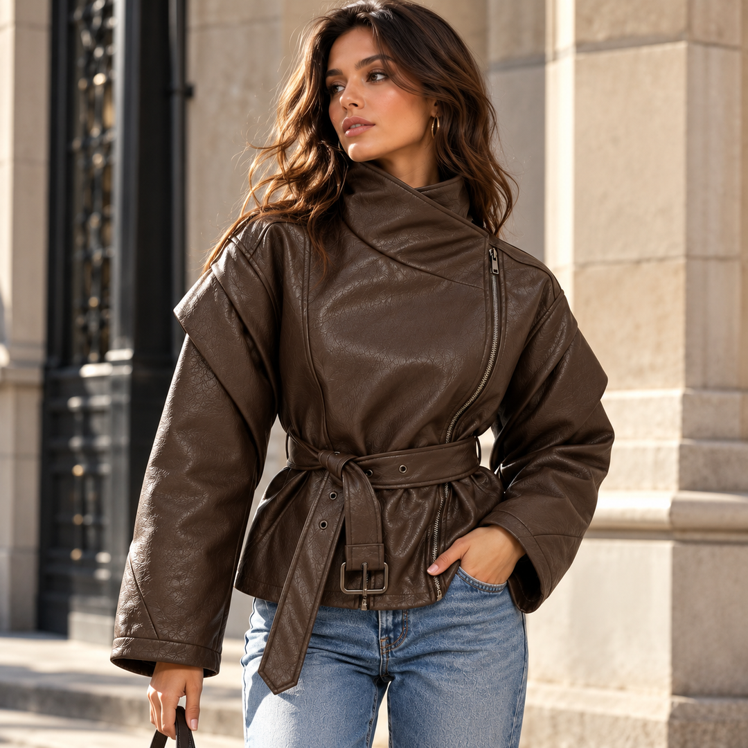 Lift | Faux Leather Belted High Neck Moto Jacket