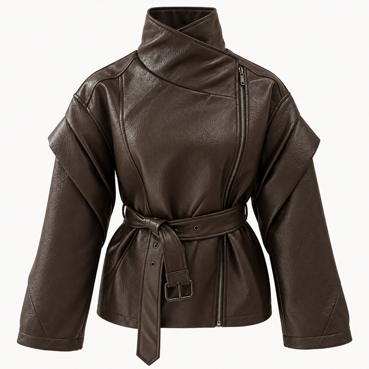 Lift | Faux Leather Belted High Neck Moto Jacket