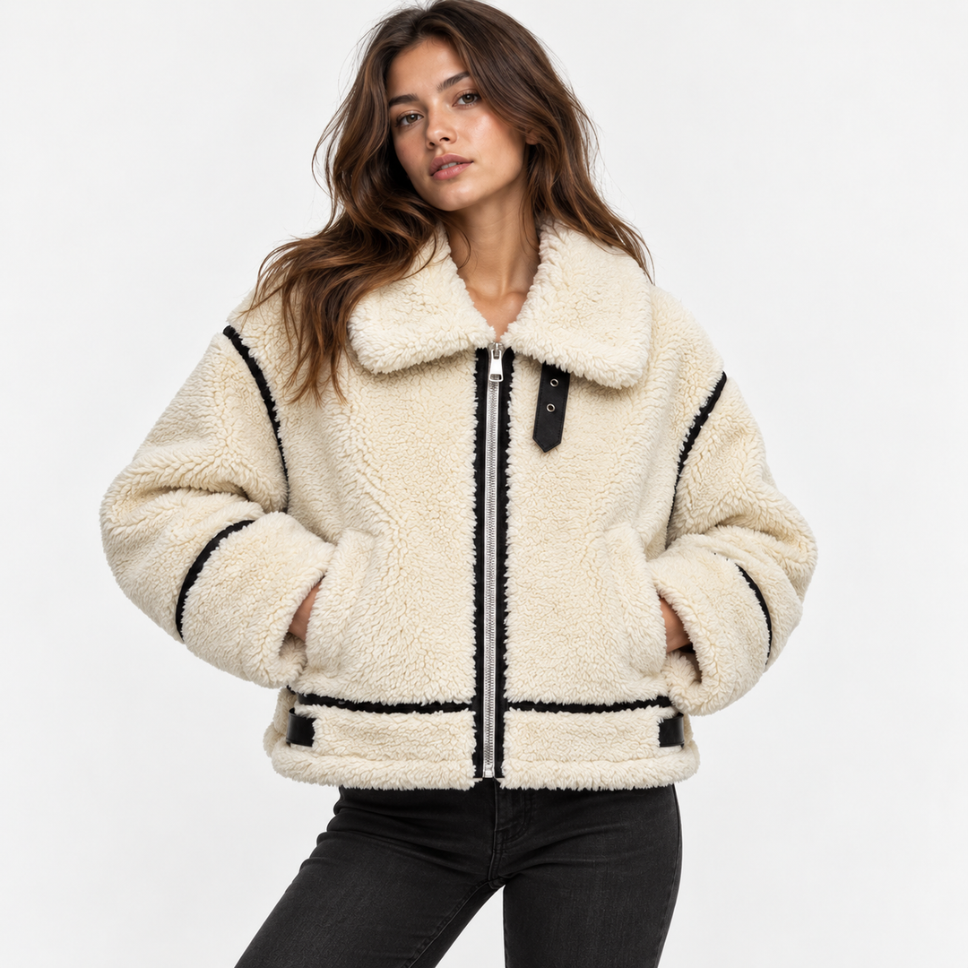 Lur | Cream Sherpa Contrast Trim Aviator Jacket