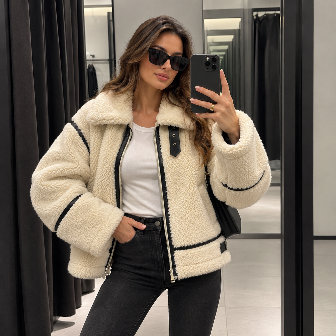 Lur | Cream Sherpa Contrast Trim Aviator Jacket