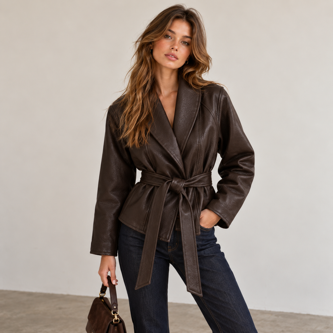 Vox | Faux Leather Belted Stand Collar Jacket
