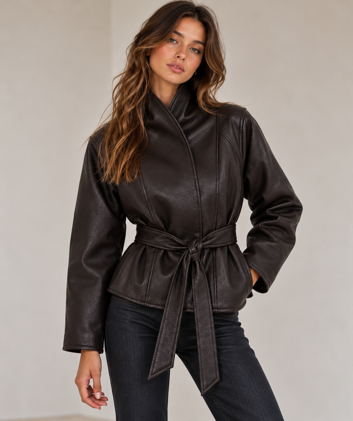 Vox | Faux Leather Belted Stand Collar Jacket