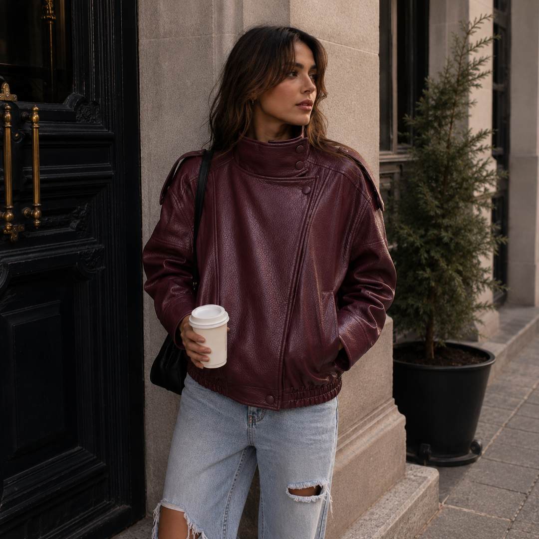 Women's Relaxed Fit Faux Leather Bomber - Zip Up Moto Jacket