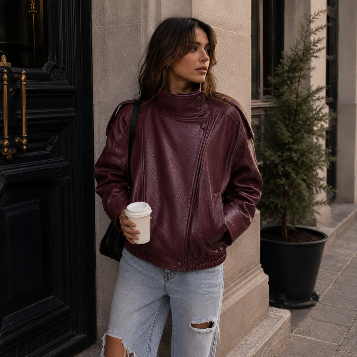 Women's Relaxed Fit Faux Leather Bomber - Zip Up Moto Jacket