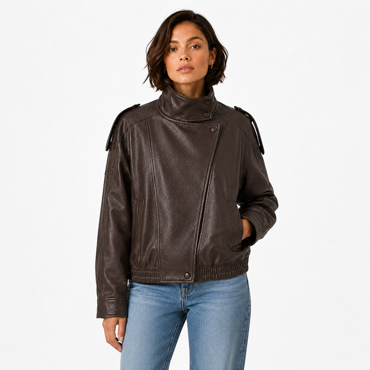 Women's Relaxed Fit Faux Leather Bomber - Zip Up Moto Jacket