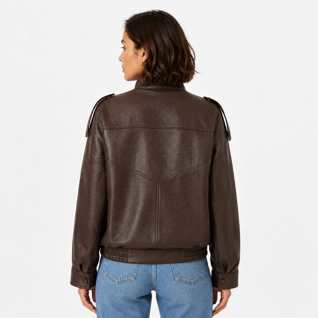 Women's Relaxed Fit Faux Leather Bomber - Zip Up Moto Jacket