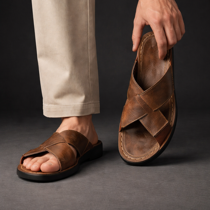 Women's Wide Strap Leather Sandals - Casual Open Toe Flat Slides