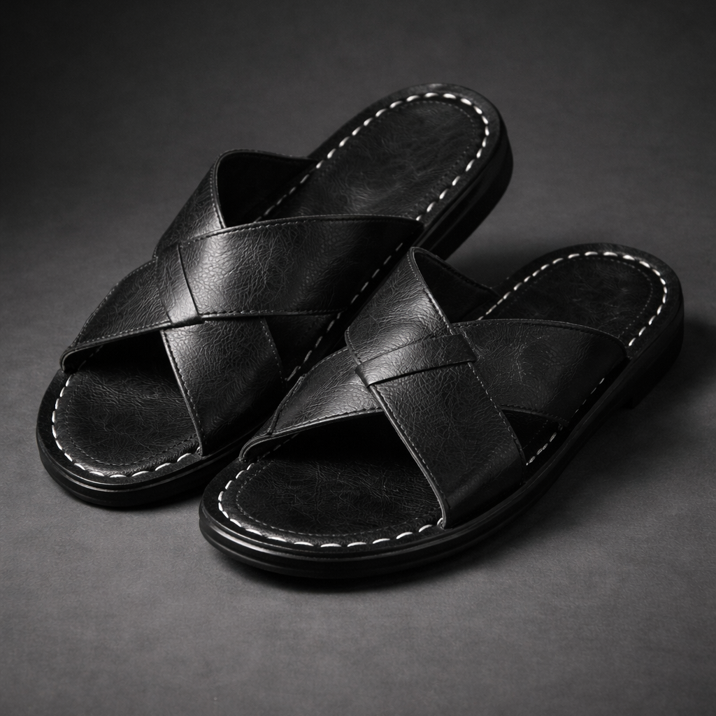 Women's Wide Strap Leather Sandals - Casual Open Toe Flat Slides