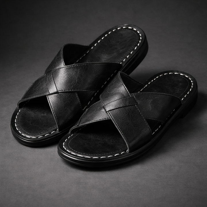 Women's Wide Strap Leather Sandals - Casual Open Toe Flat Slides