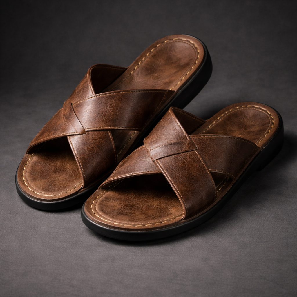 Women's Wide Strap Leather Sandals - Casual Open Toe Flat Slides